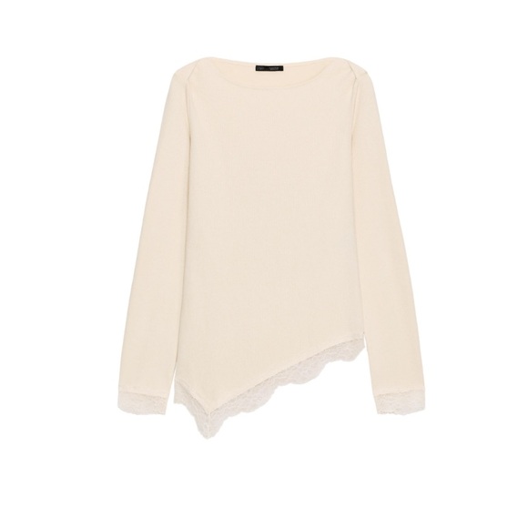 Zara NWT off white ecru lace trim long sleeve asymmetrical hem top - Picture 8 of 10